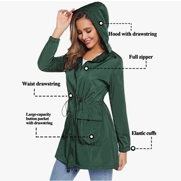 Womens Waterproof Hooded Rain Jacket Lightweight Windbreaker Raincoat w/ Pockets - Picture 5 of 6